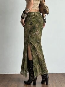 Bloopia Women's Vacation Pleated Fishtail Front Slit Skirt - Dark Green - View 2
