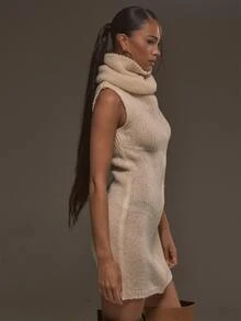 MUSERA فستان ميني محبوك سميك بياقة قمعية بلون كريمي، إطلالة أنيقة باردة للخريف والشتاء - كريم - مشاهدة 4