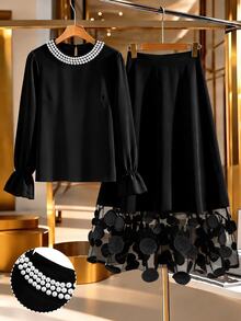 SHEIN LUNE Plus Size Elegant Fashion Beaded Decor Top And Mesh Patchwork Skirt Set - Black - View 1