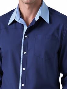 ARLO REED Men's Plus Size Casual Single-Breasted Contrast Color Long Sleeve Shirt, Formal - Navy Blue - View 6
