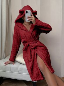 SHEIN Fluffy Jacquard Animal Ear Hooded Open Front Robe - Burgundy - View 4