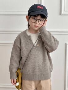 Dazy Kids Young Boys Dual-Color V-Neck Sweater Casual Fashion Creative Personalized Fresh - Khaki - View 4