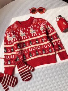 Young Boy Cartoon Deer Pattern Knit Soft Crew Neck Long Sleeve Pullover Sweater - Multicolor - View 5