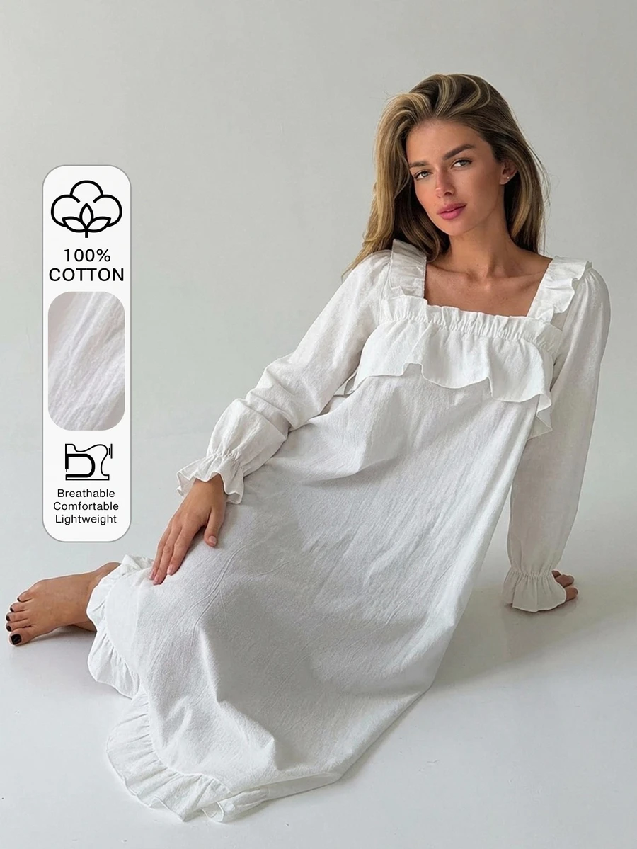 DAZY Solid Color Frill Trim Patchwork Long Sleeve Dress Women's Nightgown - White - View 1