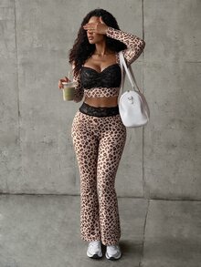 SHEIN VaVaLuxe Women's Leopard Print Lace Patchwork Short Long Sleeve Top And Skinny Pants 2 Pieces Set - Multicolor - View 6