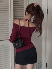 DAZY Solid Color Fitted Pleated Halter Neck Straight Neckline Elegant Vacation Korean Style Autumn/Winter Women's Sweater - Burgundy - View 4