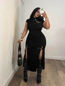 Jeanoix Plus Size Women's Casual Daily Summer Denim Dress With Button And Slit Design - Black - View 6