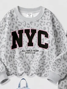 甜酷黑灰粉配色時尚豹紋運動對比色字母NYC圖案女嬰休閒套裝，柔軟舒適寬鬆圓領套頭衛衣搭配寬腿長褲，適合秋冬日常、運動、街頭穿搭，甜酷慵懶隨性美式高街開學季風格 - 彩色 - 查看 6