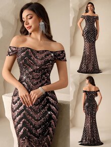 Coutiva Sequin Off-Shoulder Slit Elegant Evening Gown - Black Gold - View 3