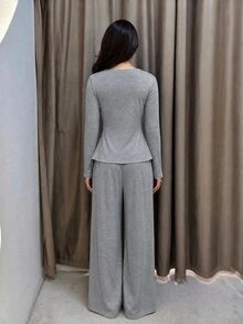 Modelyn Women's Minimalist Round Neck Metal Buckle Ruched Decor Top With Drapey Wide Leg Pants, Commute, Casual Shopping Outfit, Autumn/Winter 2 Pieces Set - Grey - View 2