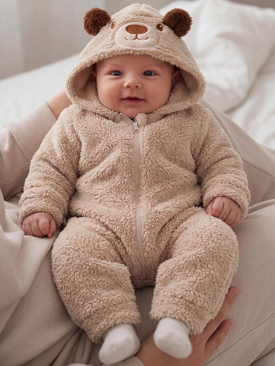 SHEIN Newborn Baby Fluffy Cute Cartoon Pattern Hooded One-Piece Long Pants - Khaki - View 1