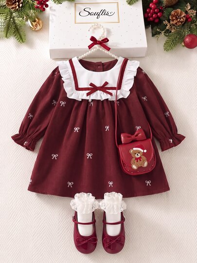 SHEIN Toddler Girls Red Bow Print Long Sleeve Princess Dress, Christmas Holiday Pattern Elegant Party Outfit, Suitable For 6 Months To 3 Years Old