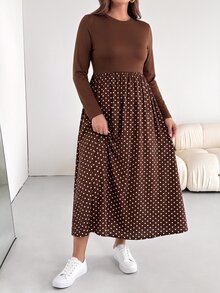 Shapeblank 女款大尺碼棕色波點拼接長袖洋裝，時尚休閒、彈性舒適，適合秋冬穿搭，口袋洋裝 - 棕色 - 查看 5