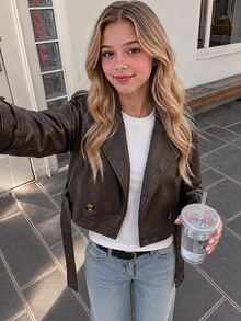 Tween Girl Solid Color Fashion Versatile Daily Casual Long Sleeve Jacket - Brown - View 1