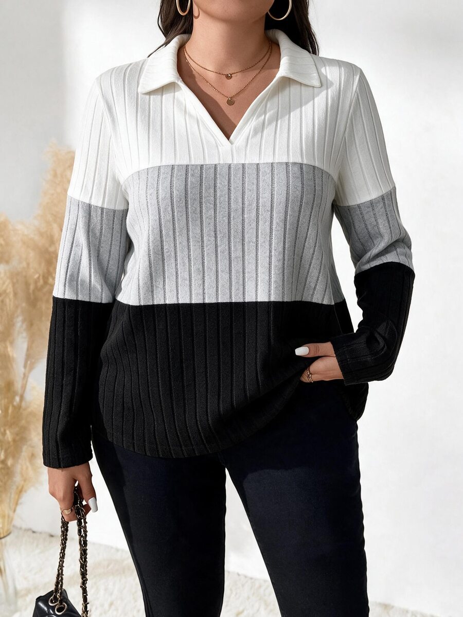 SHEIN تي شيرت نسائي مقاس كبير الأكثر مبيعاً بياقة V وتصميم تنحيفي بألوان متناسقة ورقعات، تصميم بقصة بسيطة، مناسب للتنقل اليومي والخروجات والتجمعات والمواعدة والتصوير - متعدد الألوان - مشاهدة 1