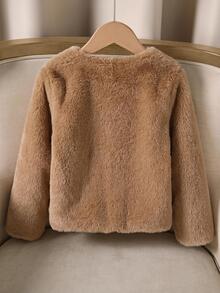SHEIN Elladie kids 女童優雅人造毛珍珠鈕扣裝飾大衣 秋冬款 - 卡其色 - 查看 2