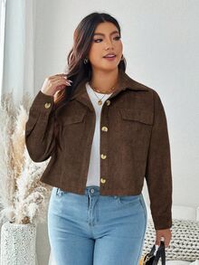 SHEIN LUNE 大尺碼女款秋冬純色極簡寬鬆商務休閒長袖夾克，冬季秋季辦公牛仔風灰色 - 鏽棕色 - 查看 5