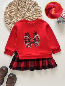 SHEIN 女嬰聖誕紅色鹿刺繡洋裝，甜美可愛蝴蝶結圓領長袖衛衣拼接格紋百褶裙，秋冬外套 - 紅色 - 查看 4