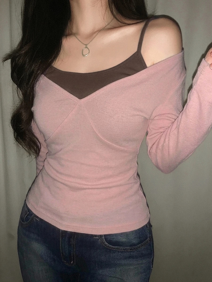 DAZY 女款對比色修身背心與深V領長袖休閒度假韓風春秋兩件套 - 粉色 - 查看 1
