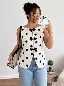 SHEIN Frenchy 女款大尺碼新中式鈕扣波點圖案時尚無袖上衣休閒日常外穿襯衫女式聖誕襯衫 - 彩色 - 查看 7