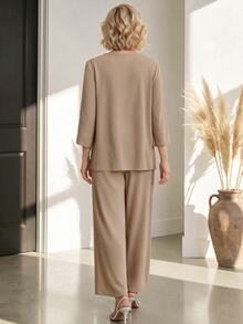 Medorina Women's Round Neck Simple Long Sleeve Casual 2 Pieces Set - Khaki - View 2