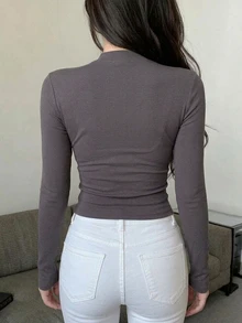DAZY 女款夏季小立領長袖修身交叉領性感休閒百搭打底T恤 - 灰色 - 查看 2