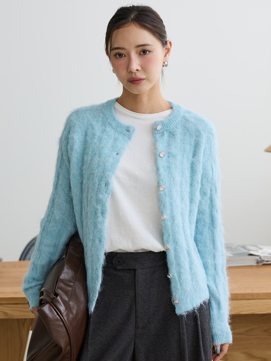 Dazy-Less Women's Blue Round Neck Button Cable Knit Long Sleeve Slim Fit Ribbed Cardigan, Autumn/Winter - Blue - View 1