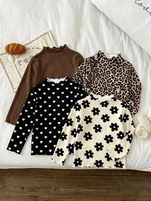SHEIN Vintaside Kids 4件裝少女秋冬返校休閒風長袖純色基本款修身上衣 - 彩色 - 查看 2