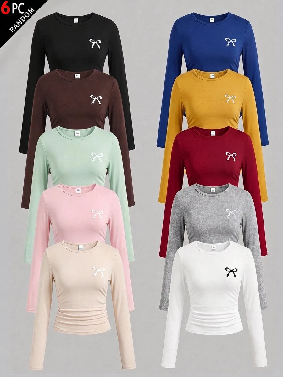 SHEIN Girlism Conjunto de 5 camisetas de manga larga con cuello redondo, color liso, ajuste ceñido, de punto, con fruncido, estilo casual para niña preadolescente, otoño/invierno - Multicolor - Ver 1