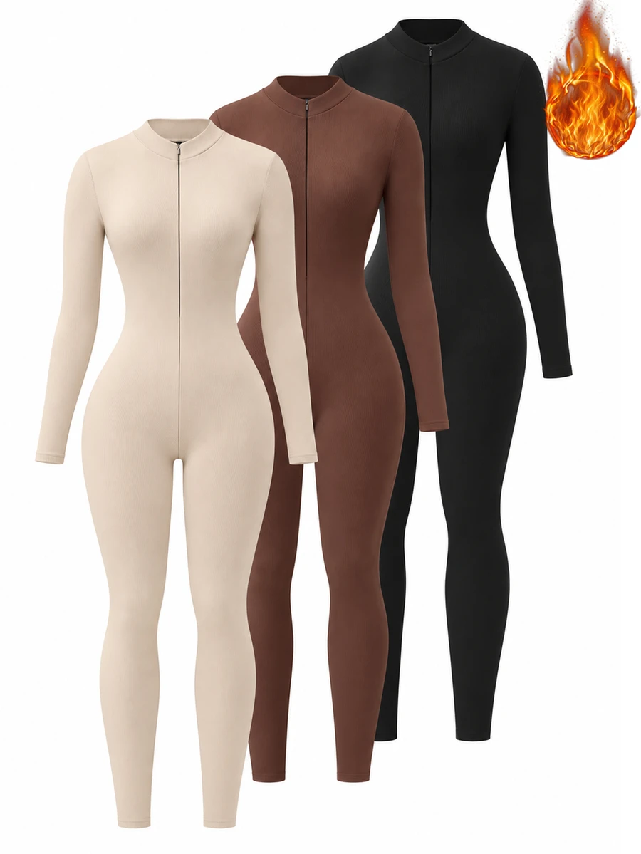 SHEIN Unity Women's Half-Zip Stand Collar Long Sleeve Jumpsuit, Elastic Slim Fit Bodycon One-Piece - Multicolor - View 1