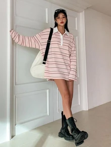 DAZY 女款休閒寬鬆拼色條紋長袖T恤上衣，春秋款女裝 - 粉色 - 查看 6