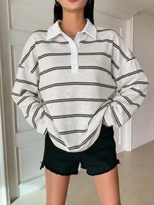 DAZY 女款休閒寬鬆拼色條紋長袖T恤上衣，春秋季女裝 - 灰色 - 查看 7