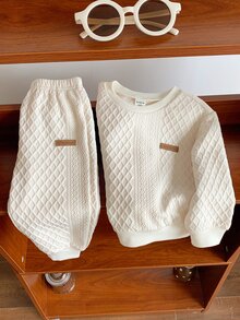 2件組嬰兒男童/女童白色紋理布料圓領長袖套頭運動衫與鬆緊腰長褲慢跑褲套裝，秋冬款 - 杏色 - 查看 3