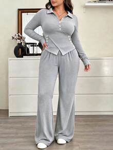 Easura Plus Size Women Solid Color Long Sleeve Top And Pants Casual Daily Set - Light Grey - View 6
