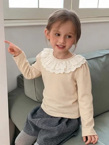 Hapijoa 女童幼兒秋季圓領針織拼色條紋短袖T恤 - 米色 - 查看 3