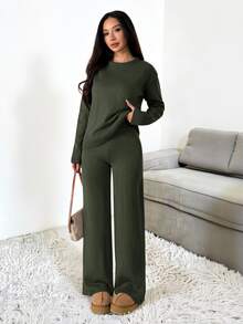 SHEIN PETITE 女款純色圓領長袖毛衣與長褲休閒常規套裝，秋冬款 - 軍綠色 - 查看 8