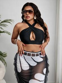 Slaydiva Plus Size Women Summer Beach Solid Color Halter Sexy Bikini And Triangle Bottom Two-Piece Swimsuit Set With Skirt - Black and White - View 4