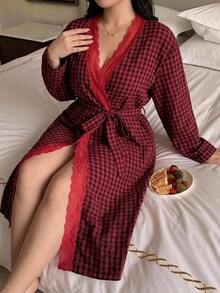 Dazy Plus Red Contrast Lace Plaid Loose Tie Elegant Nightgown - Burgundy - View 1