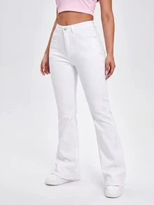 SHEIN EZwear Women's Waist Button Design Dual Pocket Casual Versatile Fashion Denim Jeans - White - View 4