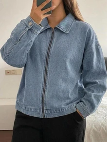 Dazy Plus Vintage Washed Denim Loose Fit Zip Front Jacket - Light Wash - View 3