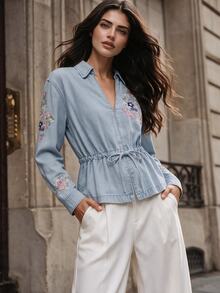 Anewsta Women's New Luxurious Heavy Embroidery Comfortable Slim Fit Blue Jeans Long Sleeve Top - Blue - View 6