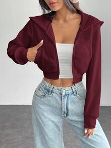 SHEIN PETITE 女款純色前拉鍊長袖口袋極簡連帽外套，休閒日常穿著，長袖上衣畢業季，秋冬返校穿搭，畢業季女裝，教師專業服飾，秋冬返校服飾 - 中紫紅色 - 查看 6