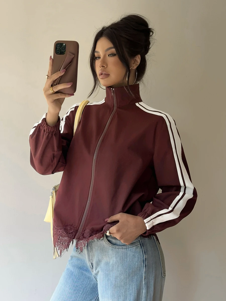 Siren Gaze Women's Colorblock Casual Streetwear Versatile Daily Wear Long Sleeve Sweatshirt Everyday Race Day Black And White Striped Autumn - Red and White - View 1