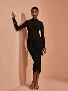 JIAN LASALA Black Mesh Long Sleeve Ruched Bustier Mock Neckline Long Dress Vacation Elegant Party - Black - View 6