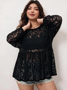 Enliva Plus-Size Women's Casual Loose Basic Long-Sleeved T-Shirt, Semi-Transparent LaceApple,Rounded Body - Black - View 3