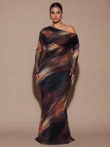 SHEIN BAE CURVE 大尺碼女款優雅長洋裝，適合外出、約會、聖誕節、秋冬季、雞尾酒會、生日派對、舞會 - 棕色 - 查看 1