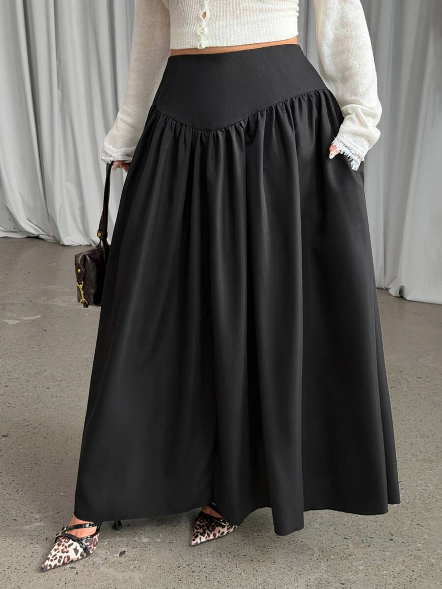 GalTyme Plus Size Women Solid Color Pleated Casual Daily Wear Skirt - Black - View 1