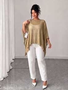 Linhara CURVE Plus Size Women's Spring/Summer/Autumn Asymmetrical High-Low Round Neck Cape Top, Atmosphere-Enhancing Shawl Outerwear, Suitable For Daily Commute, Outings, Dates, Parties And More - Khaki - View 4