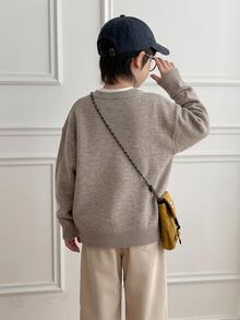 Dazy Kids Young Boys Dual-Color V-Neck Sweater Casual Fashion Creative Personalized Fresh - Khaki - View 3