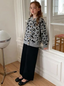 Hapijoa Tween Girl) Leopard Print Contrast Color Open Front Thick Knit Cardigan Sweater, Autumn/Winter - Grey - View 2